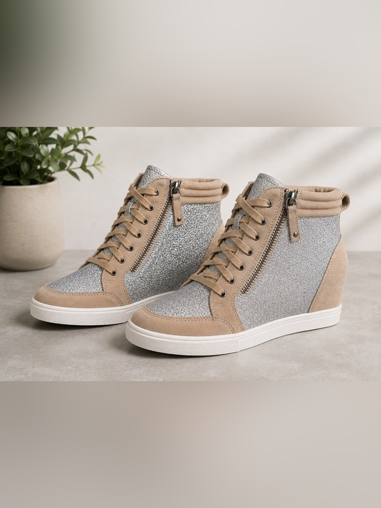 Paolo Shoes - Linea Paolo Niya Silver Glitter Cement Suede Wedge High Top Sneakers